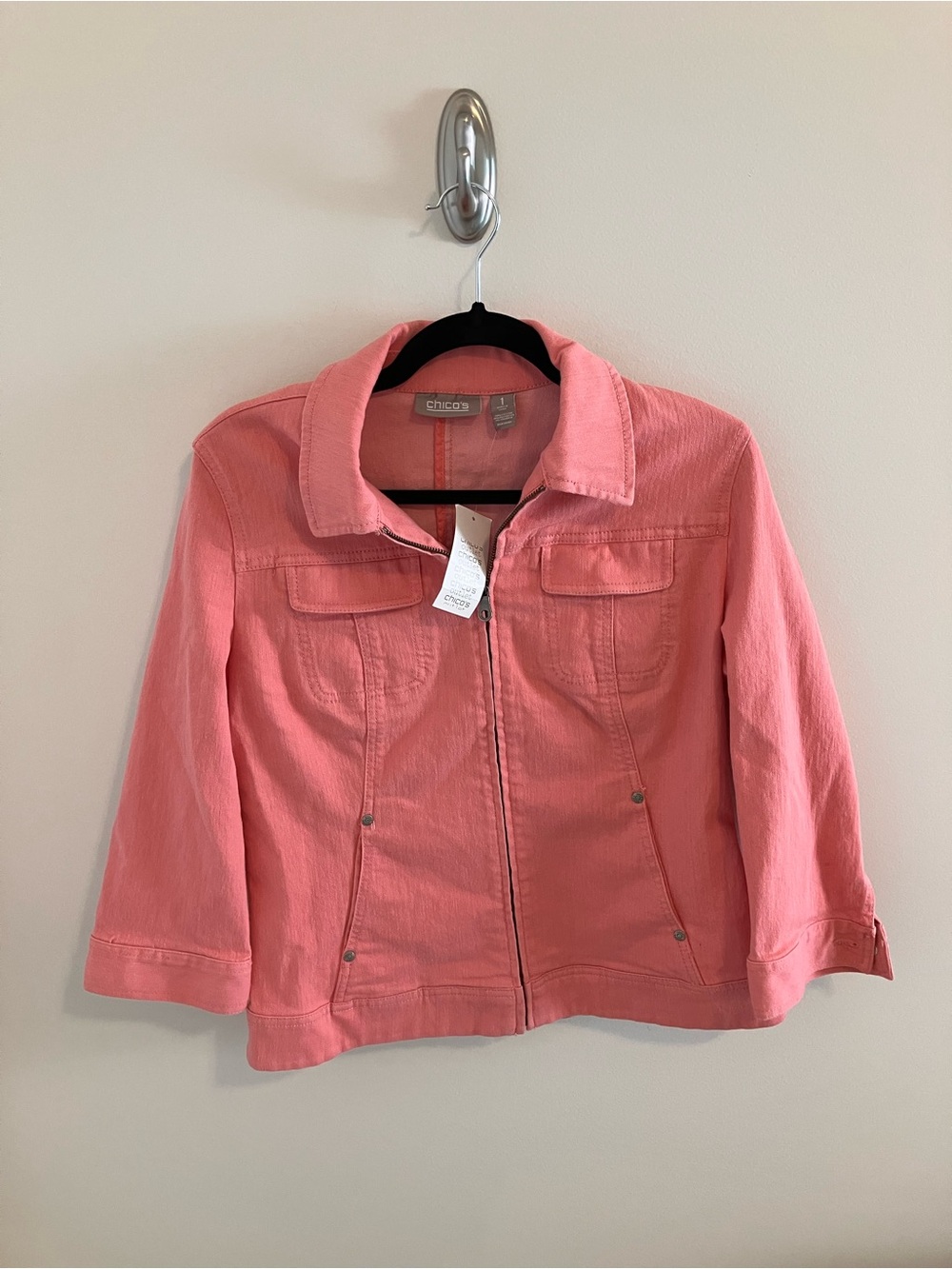 NWT Chico's Outlet Tinted Denim Turpin 3/4 Jean Jacket in Pretty Pink Size 1